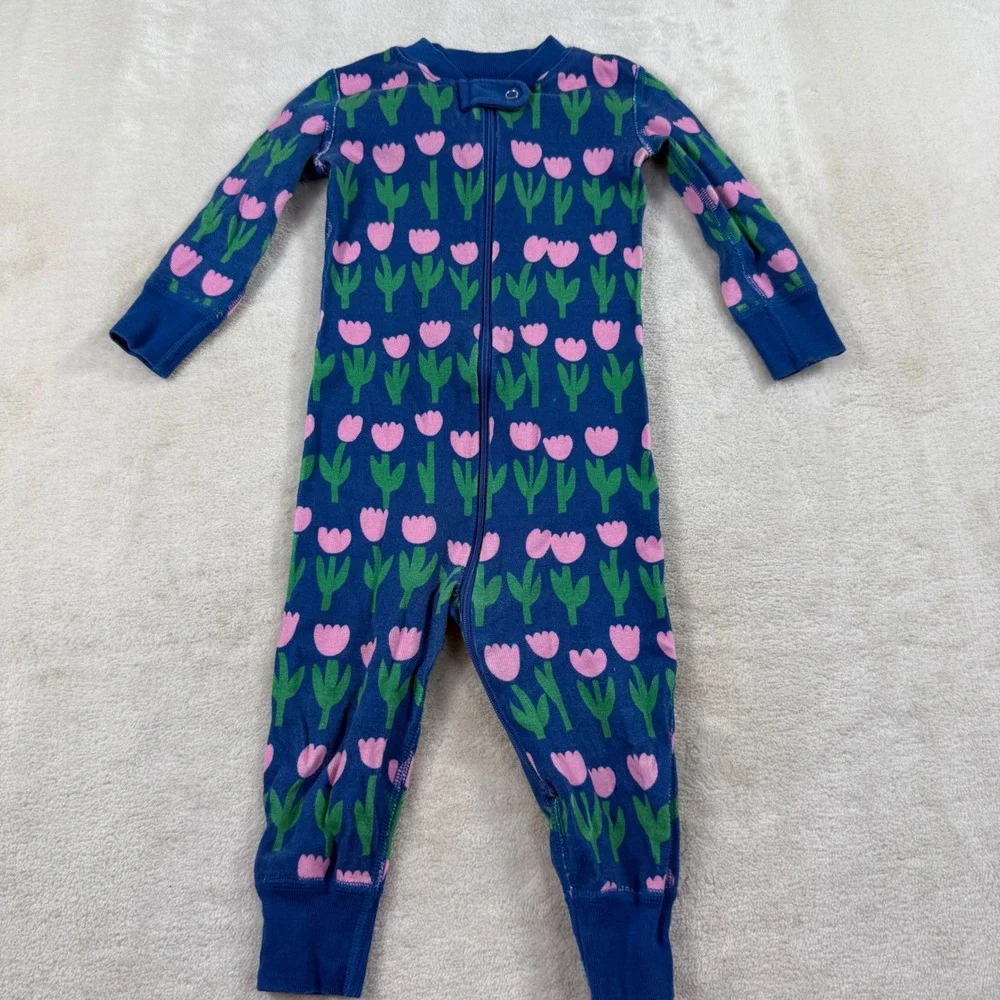 Hanna Andersson Blue Pink Tulip Organic Cotton Zip Sleeper Pajamas 12-18 Months